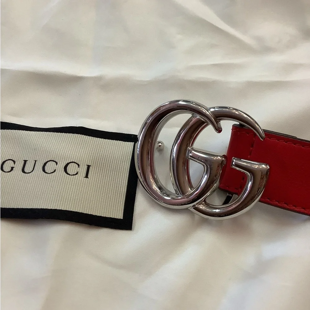Gucci Red Leather Belt with Silver Double G Buckle